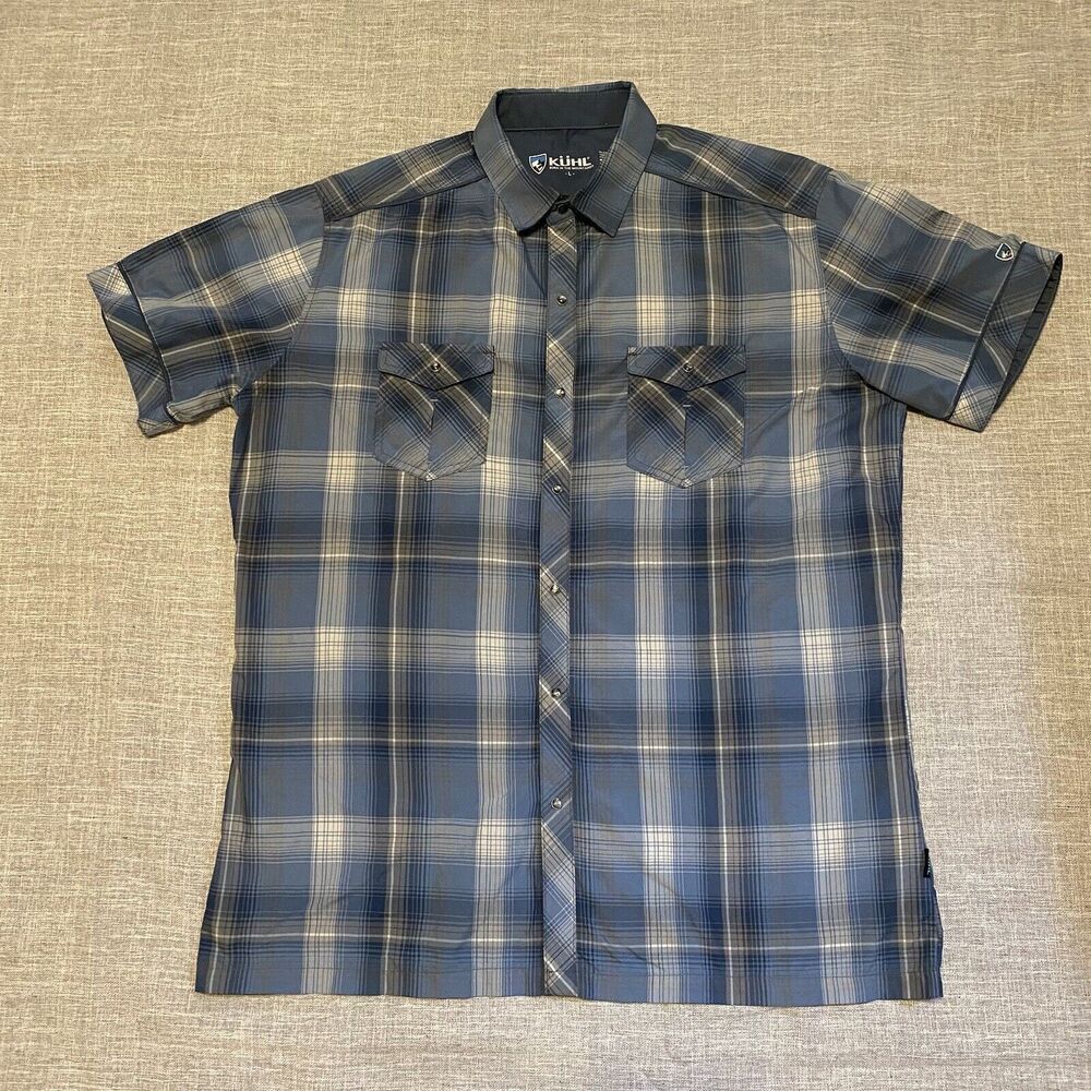 Kuhl Eluxur Shirt Mens Large Blue  Gray Plaid Check Western Pearl Snap Hiking